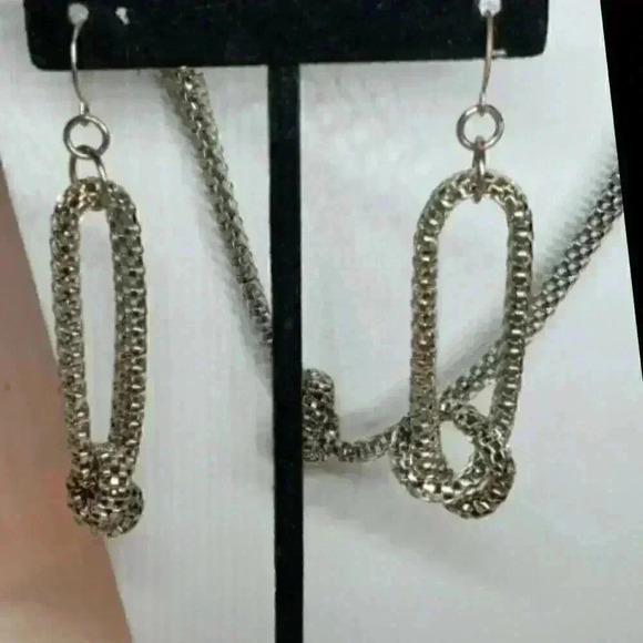 Silver Mesh Love Knott Box Snake Chain & Earrings Hollow Long Set - Picture 3 of 6